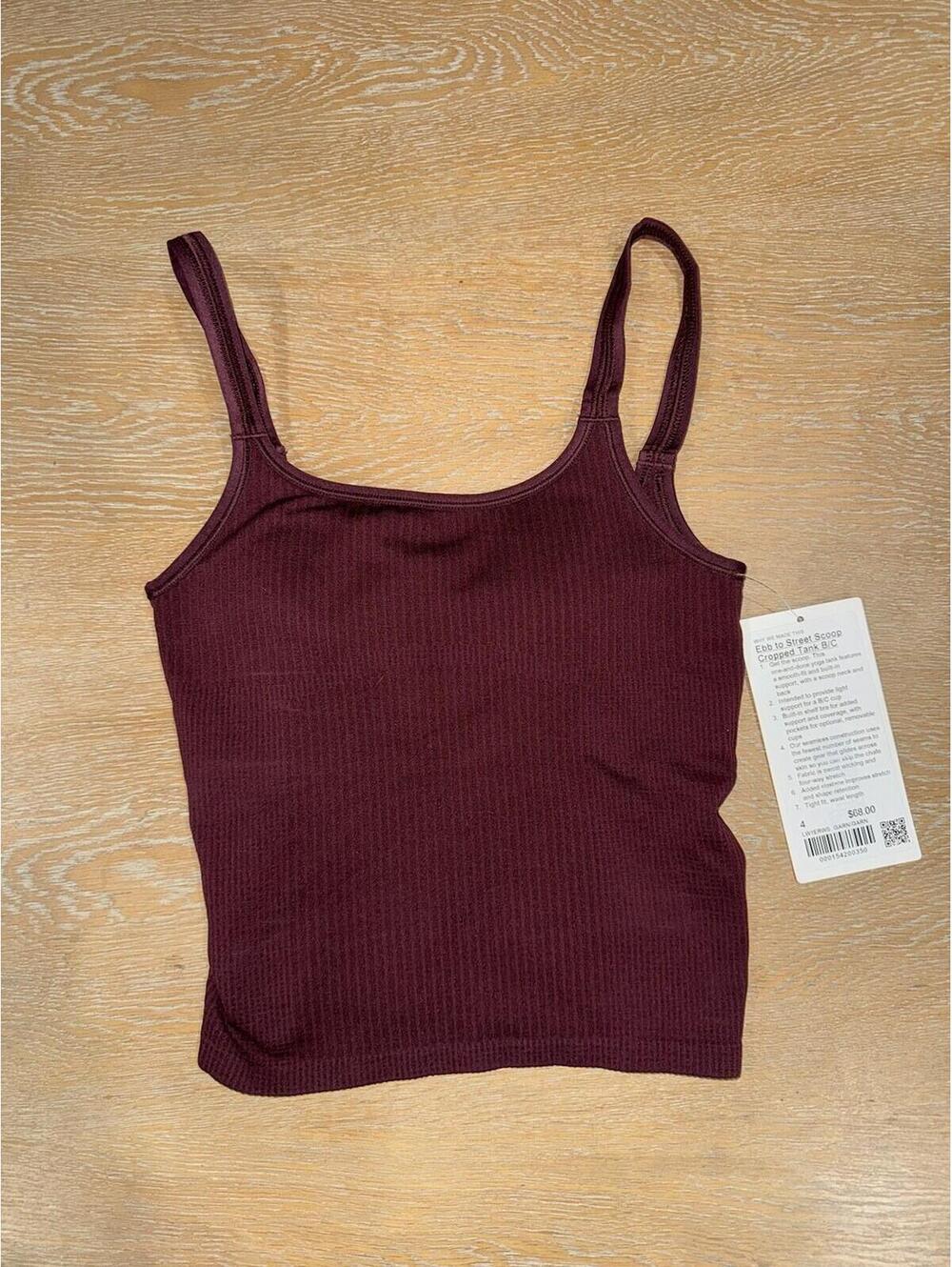Lululemon Ebb to Street Scoop-Neck Cropped Tank Top B/C Cup SIZE 4 Garnet NWT